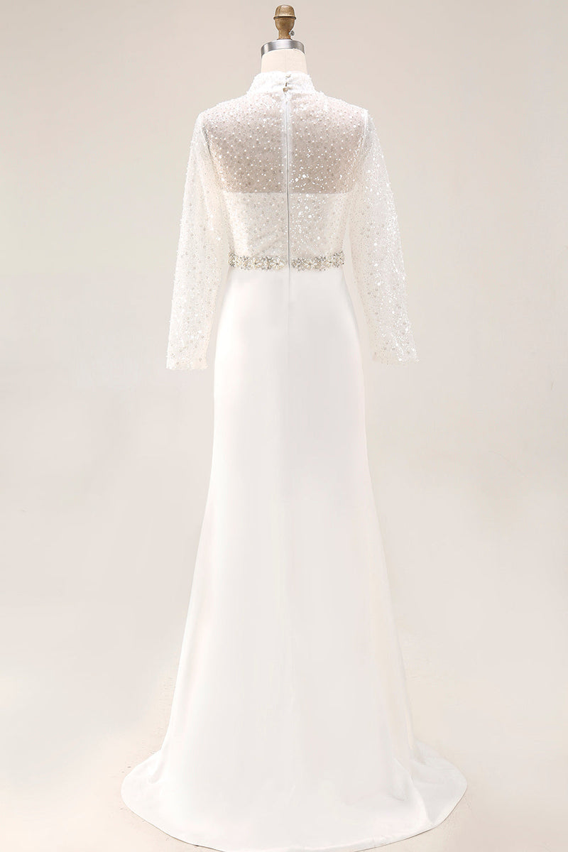 Laden Sie das Bild in den Galerie-Viewer, Weiß Meerjungfrau Hochgeschlossener Ausschnitt Maxi Brautkleid mit Perlenbesatz