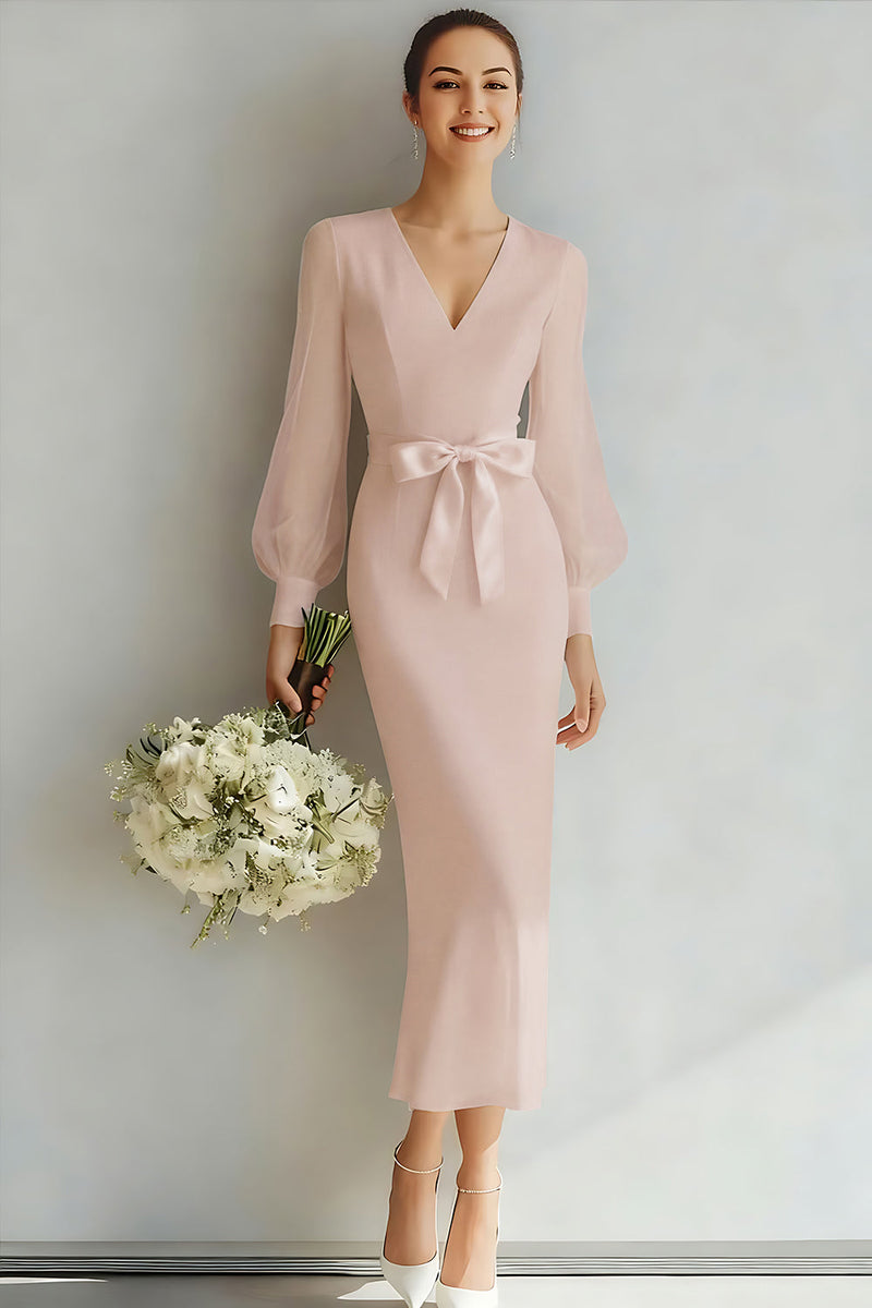 Laden Sie das Bild in den Galerie-Viewer, Weiß V Ausschnitt Etuikleid Lange Ärmel Brautkleid mit Schleife