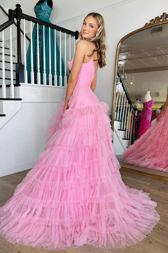 A-Linie Hellrosa Spaghettiträger Gestuftes Langes Tüll Ballkleid