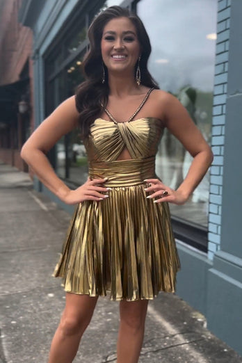 Spaghettiträger Goldenes A-Linie Plissiertes Cocktailkleid