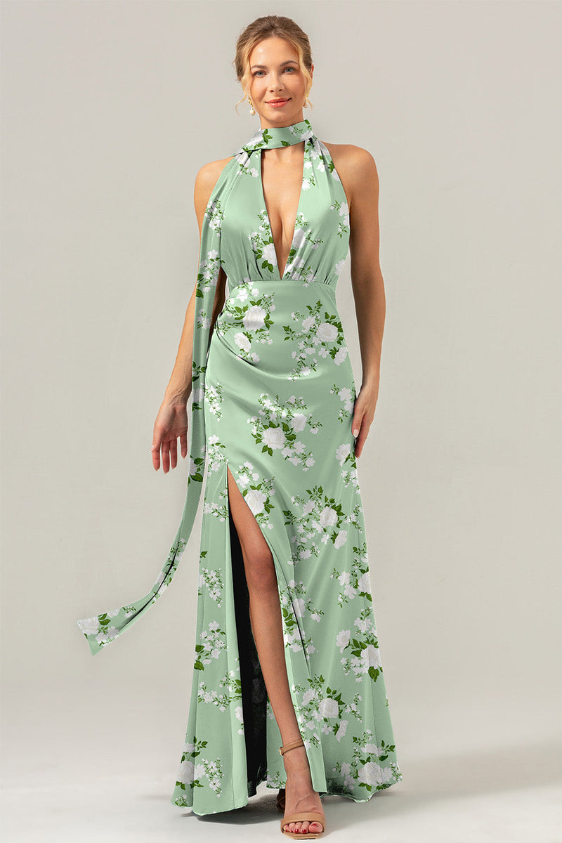Laden Sie das Bild in den Galerie-Viewer, Salbei Weiße Blumen Hülle V-Ausschnitt Langes Brautjungfernkleid