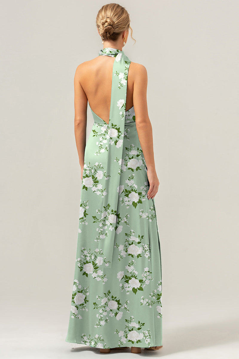 Laden Sie das Bild in den Galerie-Viewer, Salbei Weiße Blumen Hülle V-Ausschnitt Langes Brautjungfernkleid