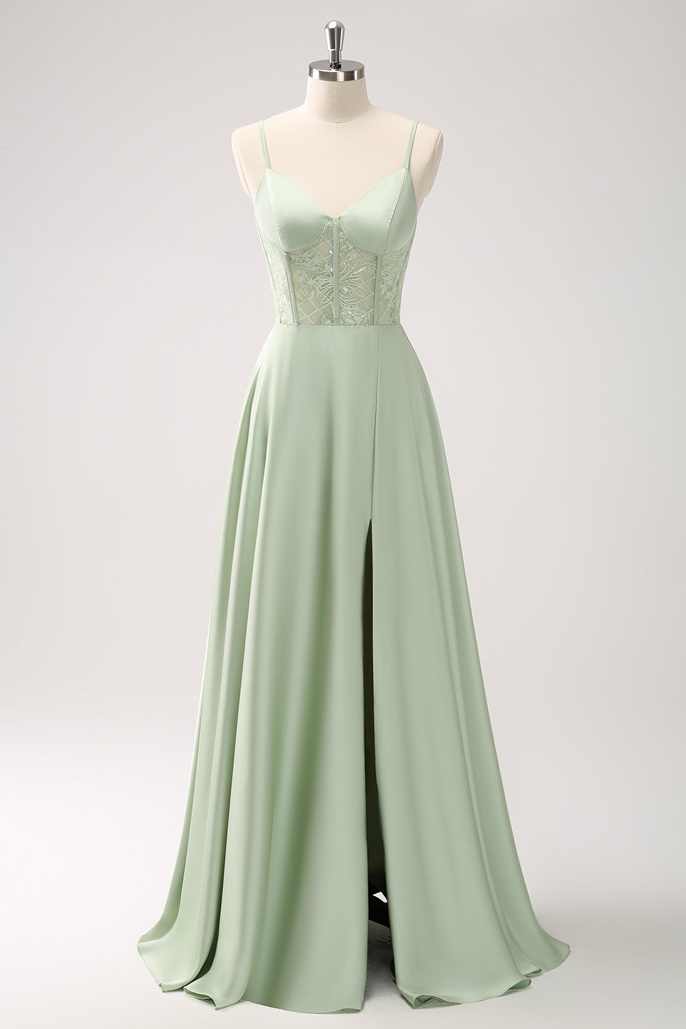 Grüne Spaghettiträger A-Linie Satin Langes Korsett Brautjungfernkleid