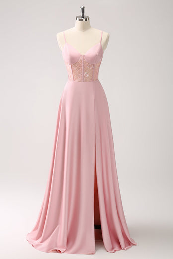 Grünes Satin Korsett Lange Brautjungfernkleid mit Schlitz