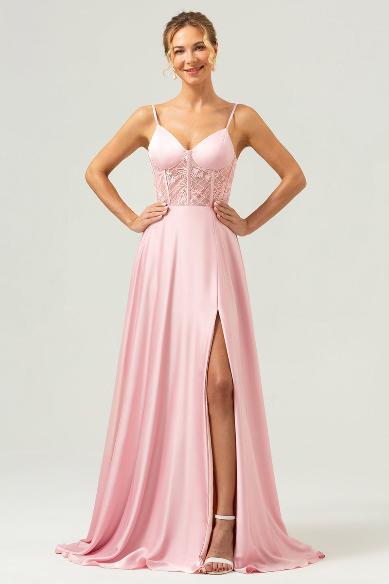 Laden Sie das Bild in den Galerie-Viewer, Rosa A-Linie Spaghettiträger Satin Korsett Langes Brautjungfernkleid