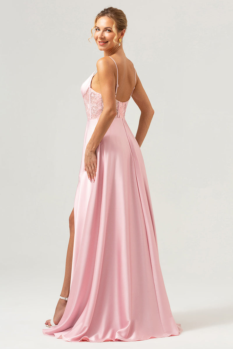 Laden Sie das Bild in den Galerie-Viewer, Rosa A-Linie Spaghettiträger Satin Korsett Langes Brautjungfernkleid