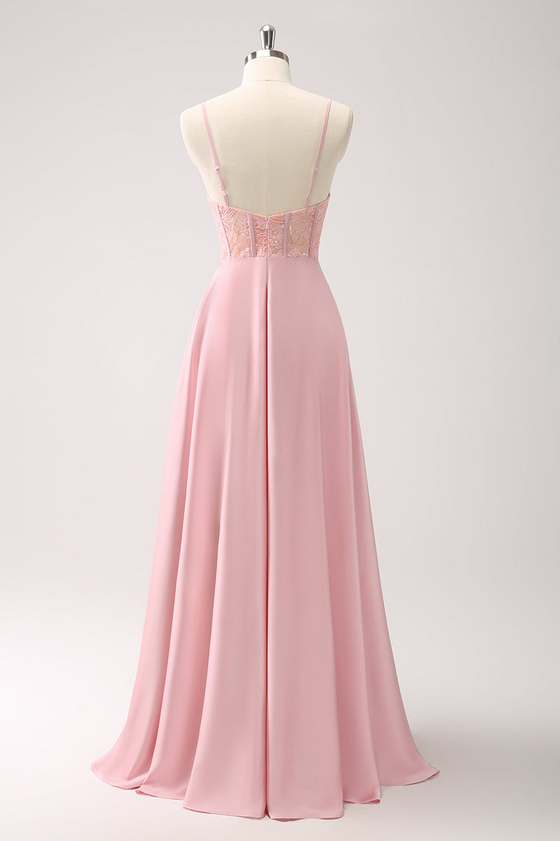 Laden Sie das Bild in den Galerie-Viewer, Grünes Satin Korsett Lange Brautjungfernkleid mit Schlitz