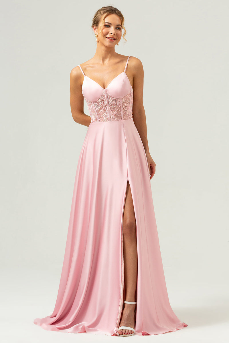 Laden Sie das Bild in den Galerie-Viewer, Rosa A-Linie Spaghettiträger Satin Korsett Langes Brautjungfernkleid