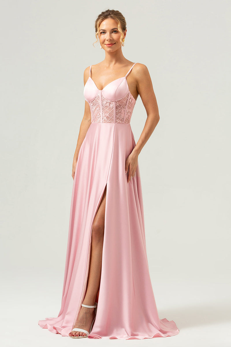 Laden Sie das Bild in den Galerie-Viewer, Rosa A-Linie Spaghettiträger Satin Korsett Langes Brautjungfernkleid