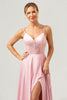 Laden Sie das Bild in den Galerie-Viewer, Rosa A-Linie Spaghettiträger Satin Korsett Langes Brautjungfernkleid
