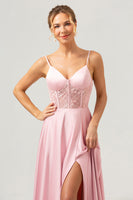 Laden Sie das Bild in den Galerie-Viewer, Rosa A-Linie Spaghettiträger Satin Korsett Langes Brautjungfernkleid