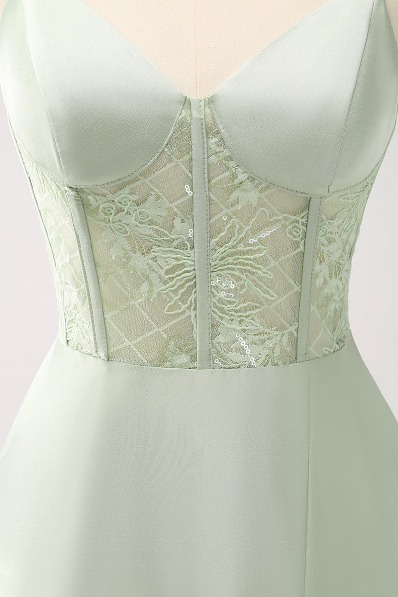 Laden Sie das Bild in den Galerie-Viewer, Grüne Spaghettiträger A-Linie Satin Langes Korsett Brautjungfernkleid