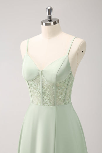 Grüne Spaghettiträger A-Linie Satin Langes Korsett Brautjungfernkleid