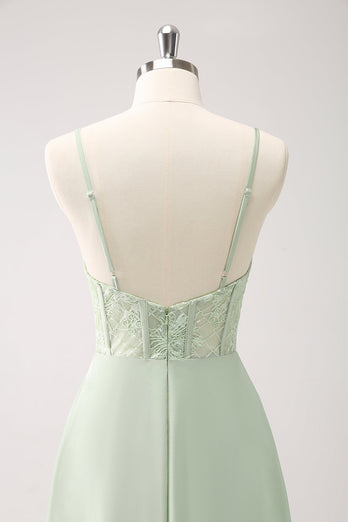 Grüne Spaghettiträger A-Linie Satin Langes Korsett Brautjungfernkleid