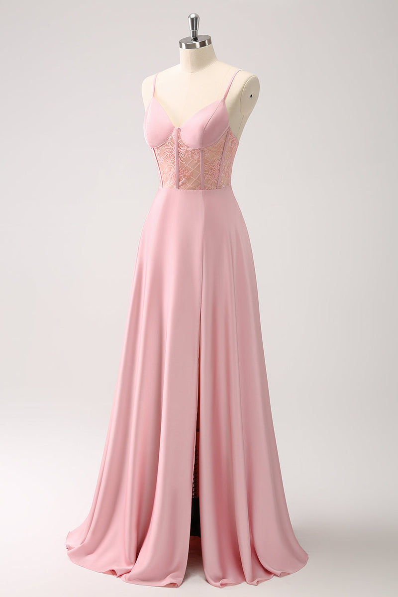 Laden Sie das Bild in den Galerie-Viewer, Grünes Satin Korsett Lange Brautjungfernkleid mit Schlitz