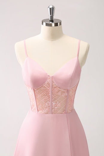 Grünes Satin Korsett Lange Brautjungfernkleid mit Schlitz