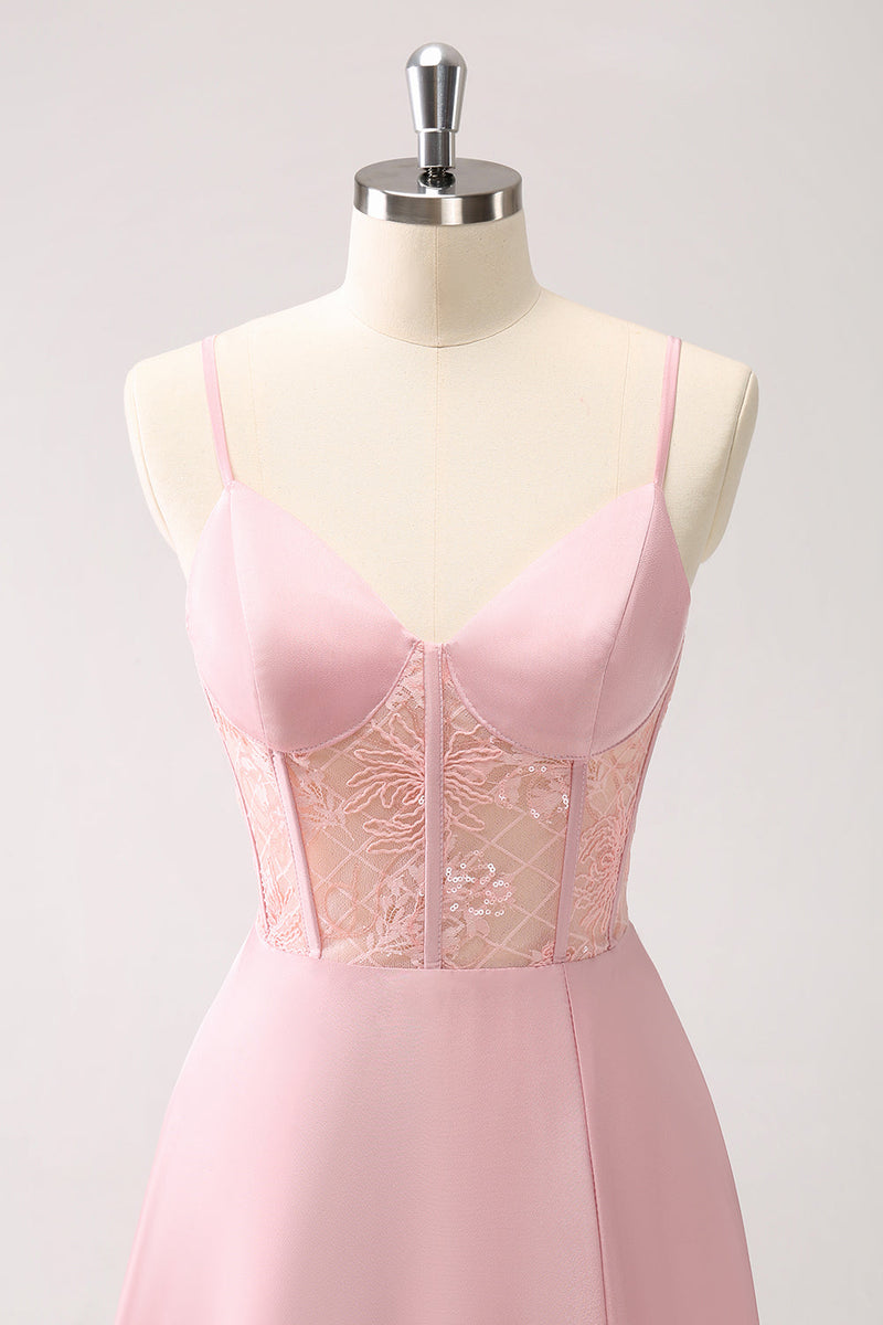 Laden Sie das Bild in den Galerie-Viewer, Grünes Satin Korsett Lange Brautjungfernkleid mit Schlitz