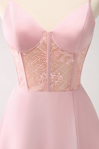 Grünes Satin Korsett Lange Brautjungfernkleid mit Schlitz