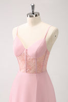 Laden Sie das Bild in den Galerie-Viewer, Grünes Satin Korsett Lange Brautjungfernkleid mit Schlitz