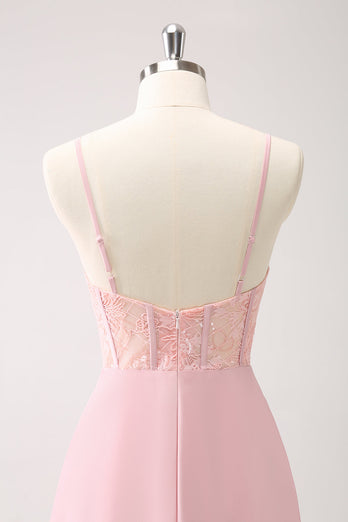 Grünes Satin Korsett Lange Brautjungfernkleid mit Schlitz