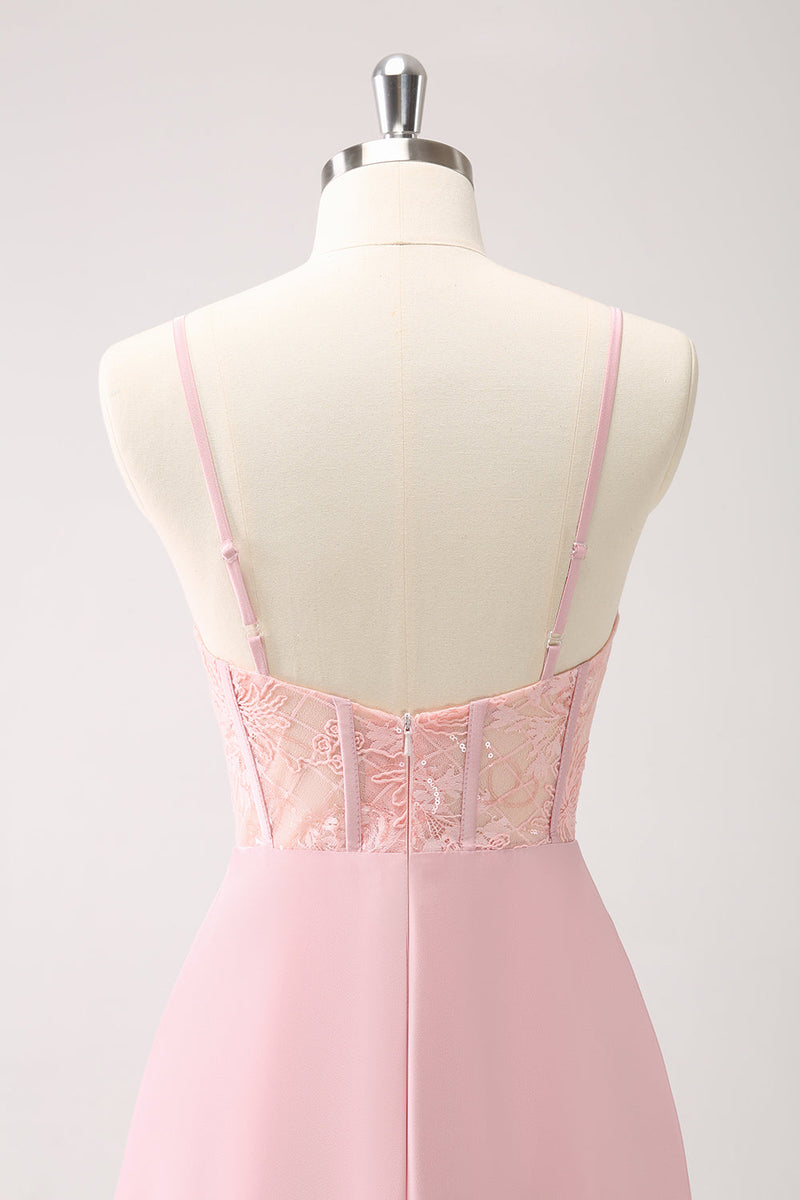 Laden Sie das Bild in den Galerie-Viewer, Grünes Satin Korsett Lange Brautjungfernkleid mit Schlitz