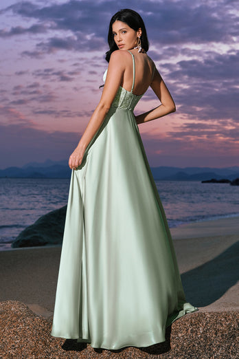 Grünes Satin Korsett Lange Brautjungfernkleid mit Schlitz