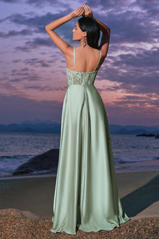 Grünes Satin Korsett Lange Brautjungfernkleid mit Schlitz