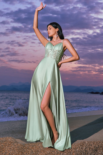 Grünes Satin Korsett Lange Brautjungfernkleid mit Schlitz