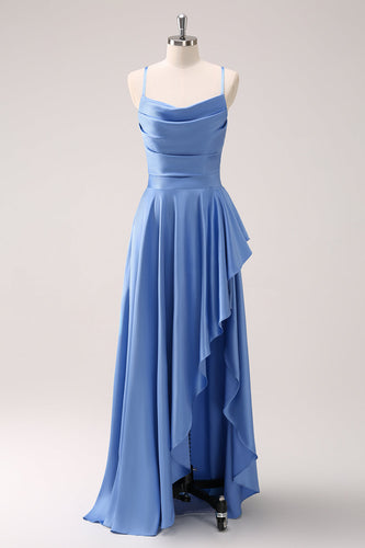 Blaues Wasserfallausschnitt Satin Lange Brautjungfernkleid