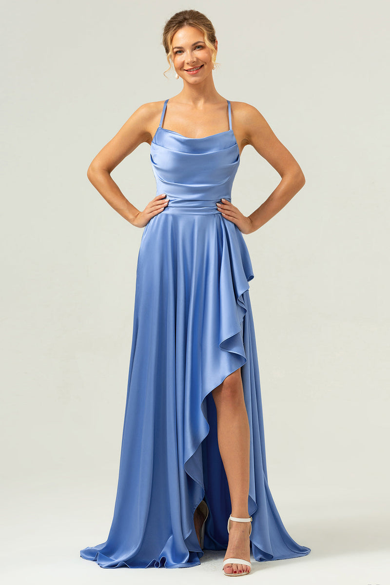 Laden Sie das Bild in den Galerie-Viewer, Blaues Asymmetrisches Lange Satin Brautjungfernkleid mit Schlitz