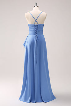 Blaues Wasserfallausschnitt Satin Lange Brautjungfernkleid
