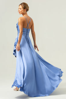 Blaues Asymmetrisches Lange Satin Brautjungfernkleid mit Schlitz
