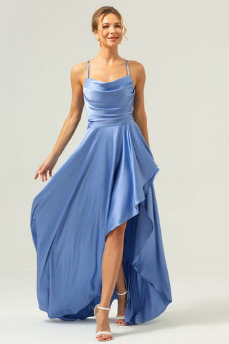 Blaues Asymmetrisches Lange Satin Brautjungfernkleid mit Schlitz