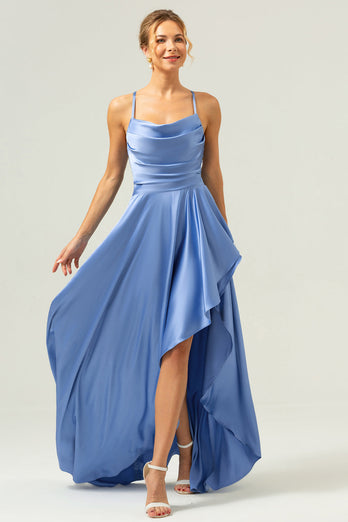 Blaues Asymmetrisches Lange Satin Brautjungfernkleid mit Schlitz
