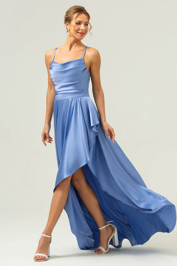 Blaues Asymmetrisches Lange Satin Brautjungfernkleid mit Schlitz