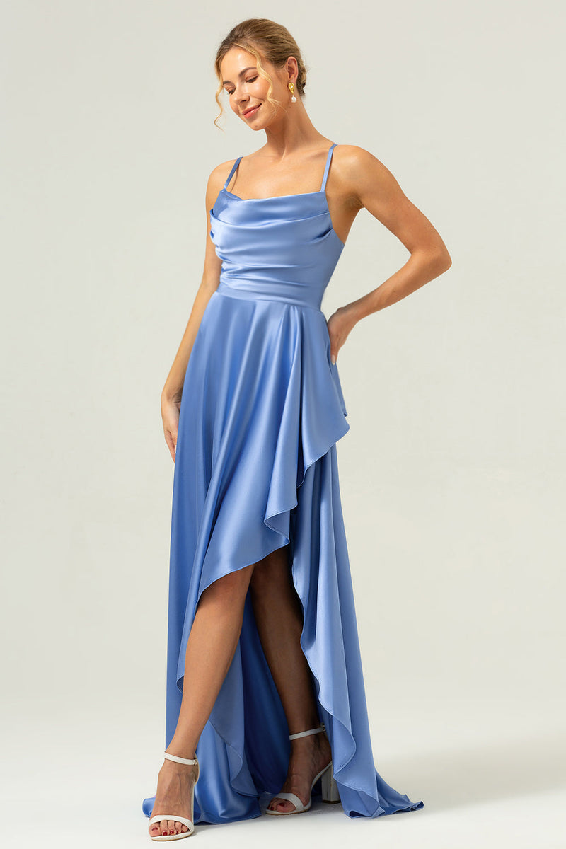 Laden Sie das Bild in den Galerie-Viewer, Blaues Asymmetrisches Lange Satin Brautjungfernkleid mit Schlitz