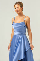 Laden Sie das Bild in den Galerie-Viewer, Blaues Asymmetrisches Lange Satin Brautjungfernkleid mit Schlitz