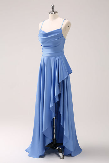 Blaues Wasserfallausschnitt Satin Lange Brautjungfernkleid