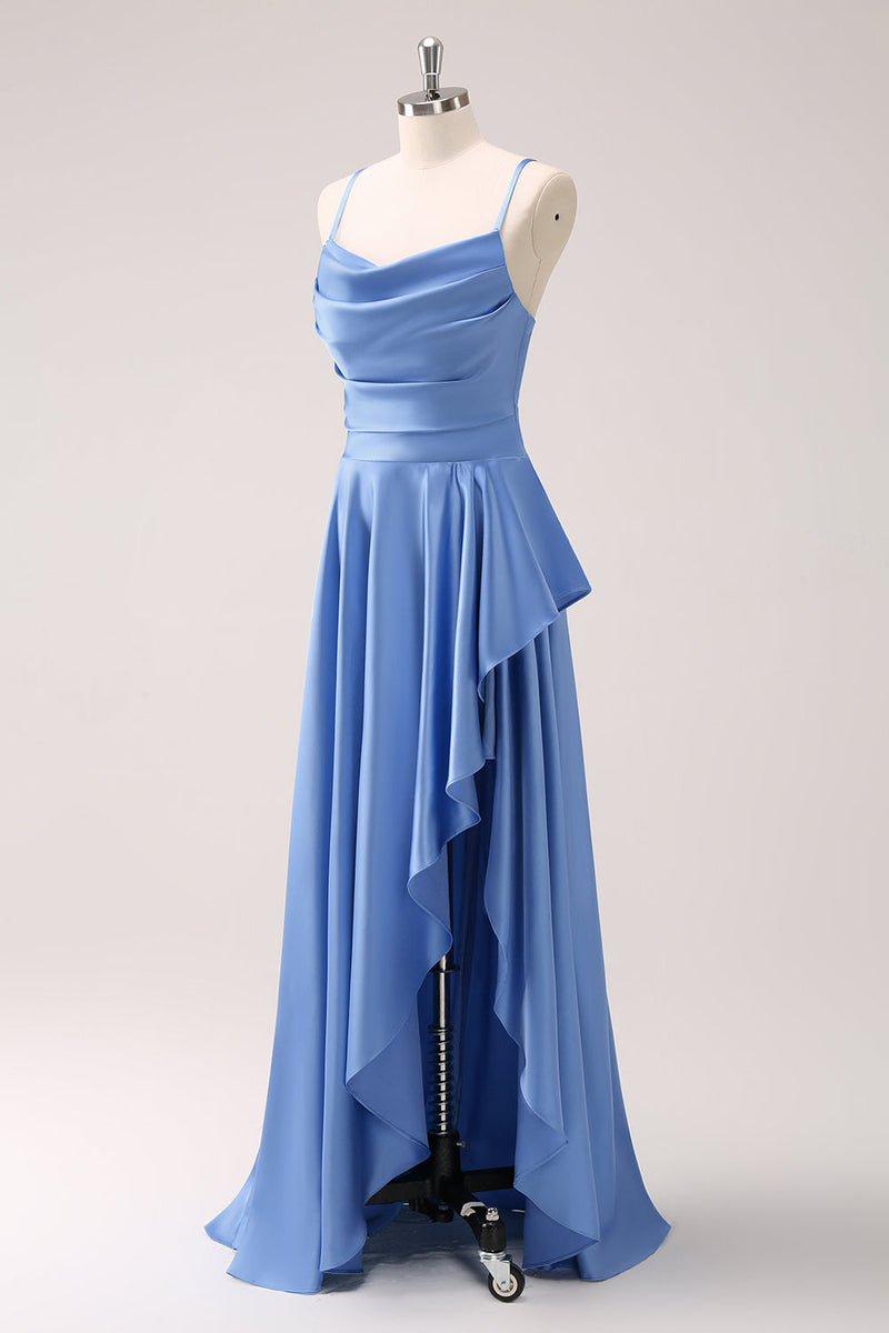 Laden Sie das Bild in den Galerie-Viewer, Blaues Wasserfallausschnitt Satin Lange Brautjungfernkleid