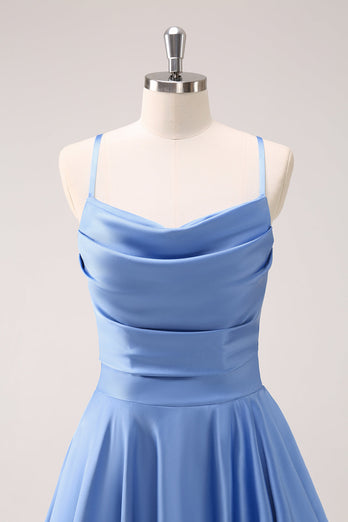 Blaues Wasserfallausschnitt Satin Lange Brautjungfernkleid