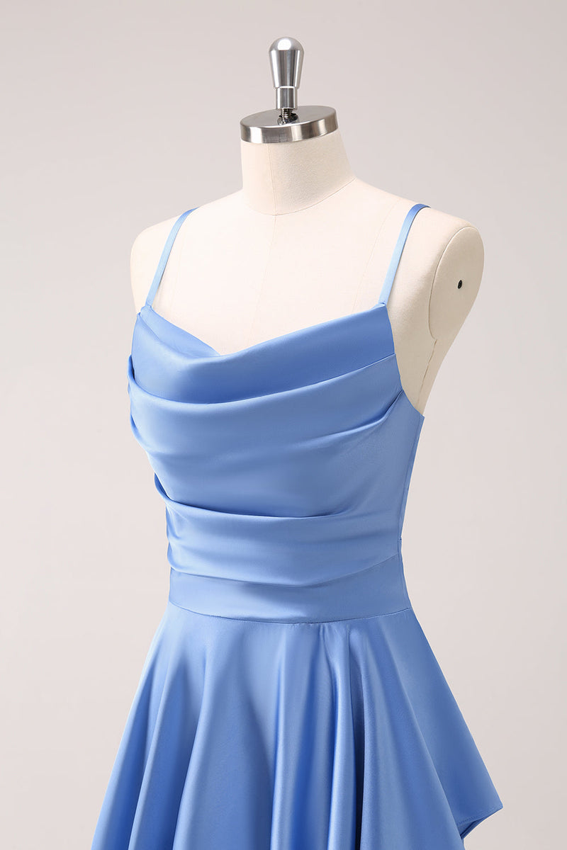 Laden Sie das Bild in den Galerie-Viewer, Blaues Wasserfallausschnitt Satin Lange Brautjungfernkleid