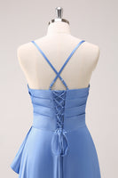 Laden Sie das Bild in den Galerie-Viewer, Blaues Wasserfallausschnitt Satin Lange Brautjungfernkleid