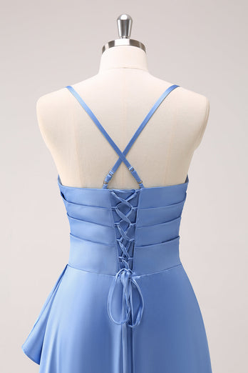 Blaues Wasserfallausschnitt Satin Lange Brautjungfernkleid