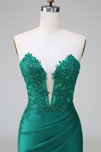 Dunkelgrünes Trägerloses Satin figurbetontes Cocktailkleid mit Applikationen