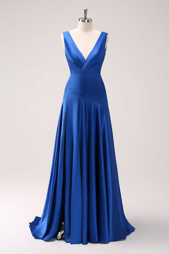 Tintenblaues Satin V-Ausschnitt Lange Brautjungfernkleid mit Schlitz