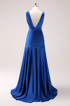 Tintenblaues Satin V-Ausschnitt Lange Brautjungfernkleid mit Schlitz