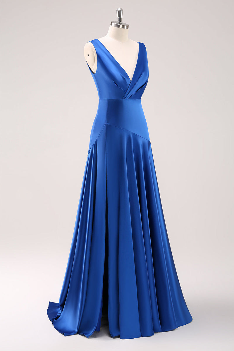 Laden Sie das Bild in den Galerie-Viewer, Tintenblaues Satin V-Ausschnitt Lange Brautjungfernkleid mit Schlitz