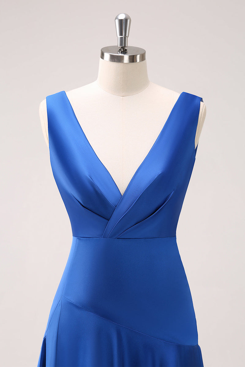 Laden Sie das Bild in den Galerie-Viewer, Tintenblaues Satin V-Ausschnitt Lange Brautjungfernkleid mit Schlitz