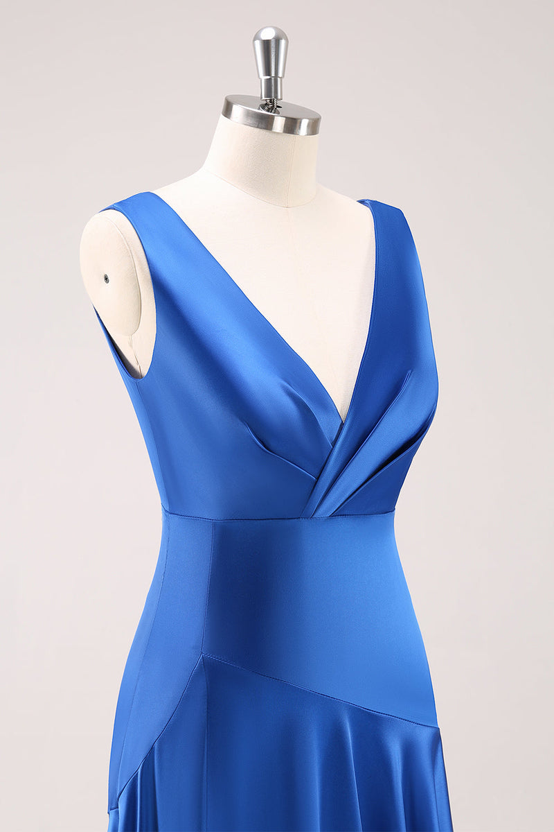Laden Sie das Bild in den Galerie-Viewer, Tintenblaues Satin V-Ausschnitt Lange Brautjungfernkleid mit Schlitz