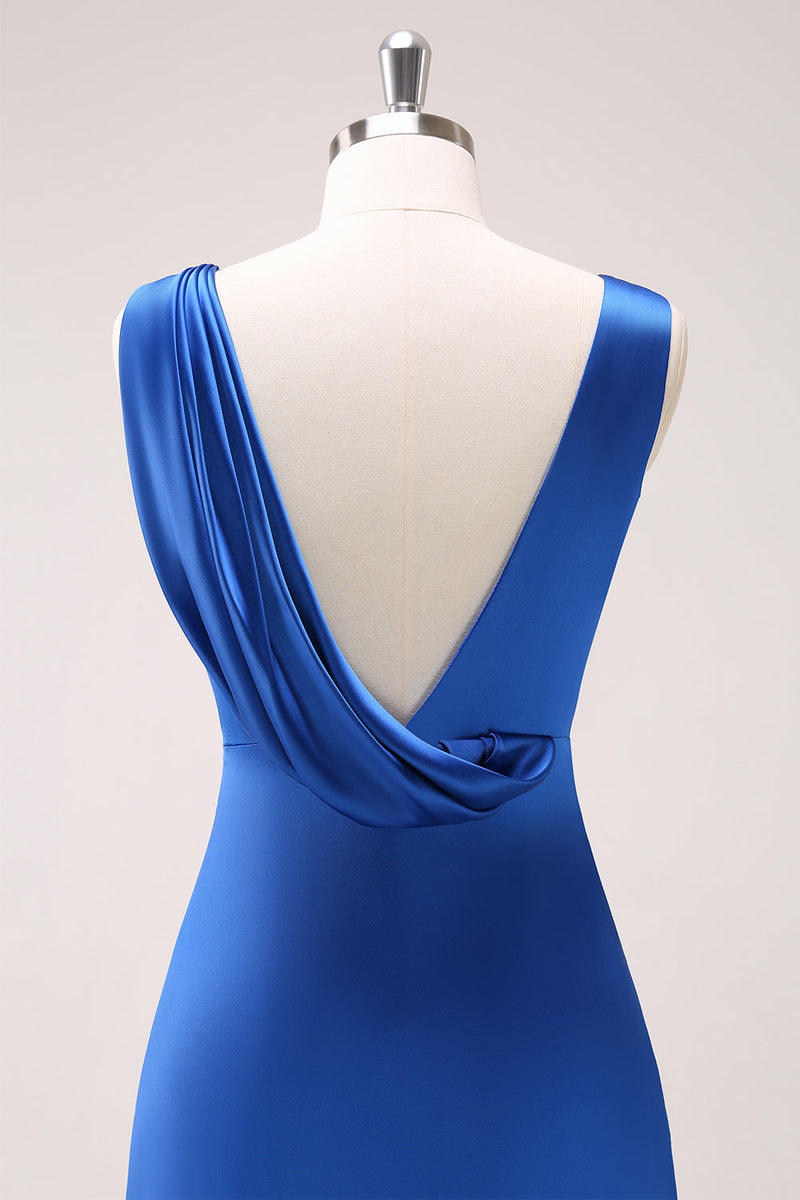Laden Sie das Bild in den Galerie-Viewer, Tintenblaues Satin V-Ausschnitt Lange Brautjungfernkleid mit Schlitz